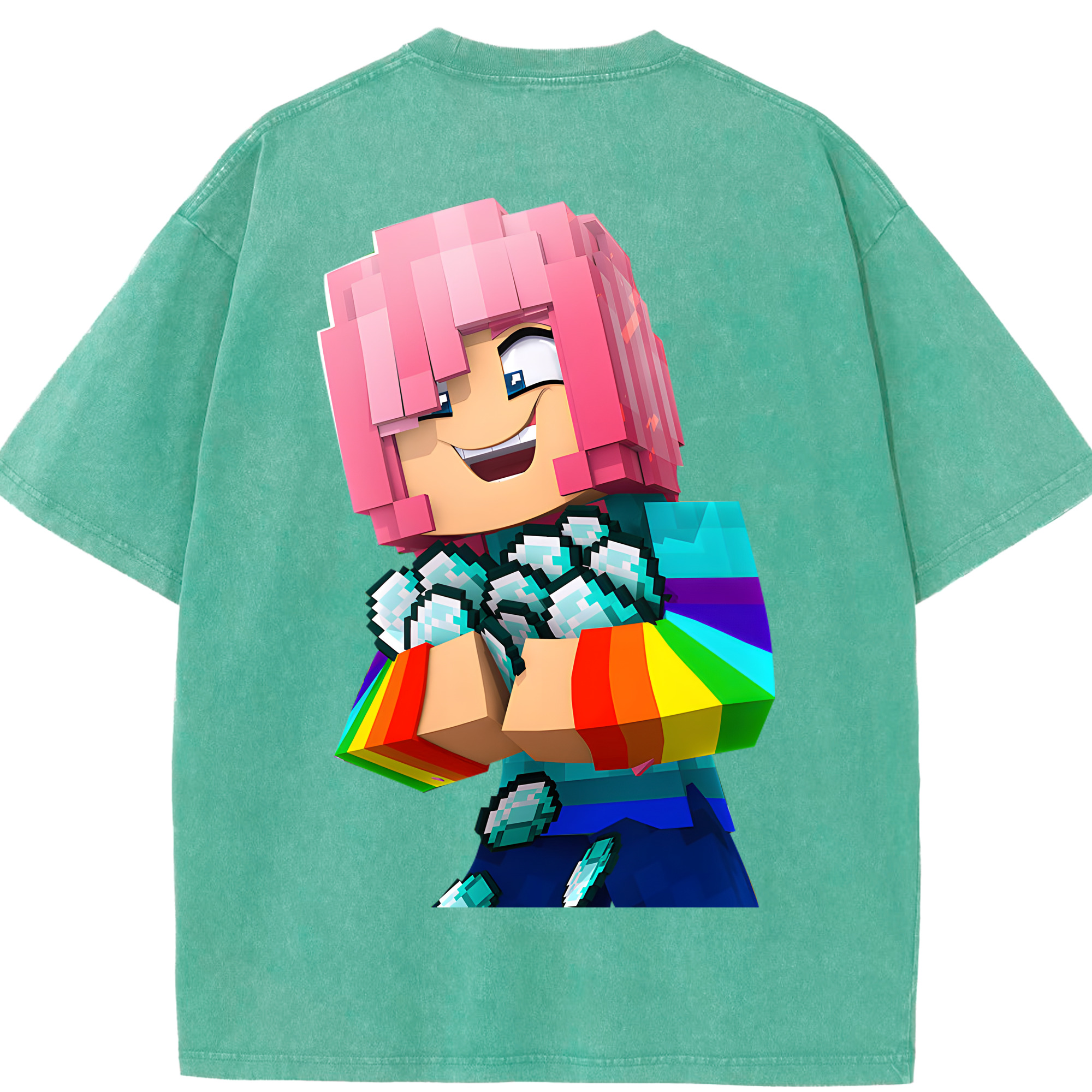 （画像用） マインクラフト ブロックの世界 Minecraft MC Block world 綿100% ヴィンテージ風 半袖Tシャツ（背面プリント）